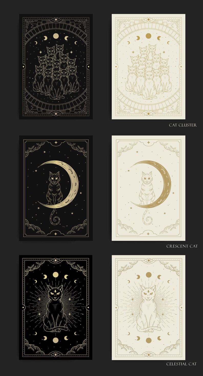 May include: Four black and white illustrations of cats with celestial elements. The first image shows a cluster of cats with a full moon and crescent moons. The second image shows a cat sitting on a crescent moon. The third image shows a cat with a full moon and crescent moons with a starburst behind it. The fourth image shows a cat with a full moon and crescent moons with a starburst behind it.