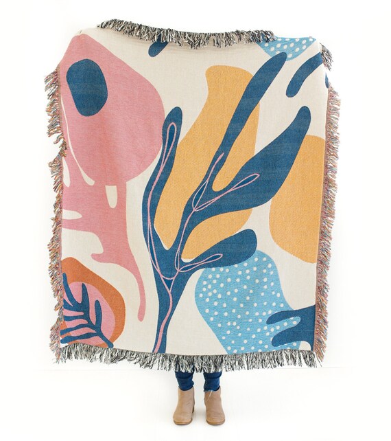 Green/Blue Throw Blanket Floral Modern Contemporary Cotton Green/Blue Throw Blanket Floral Modern Contemporary Cotton