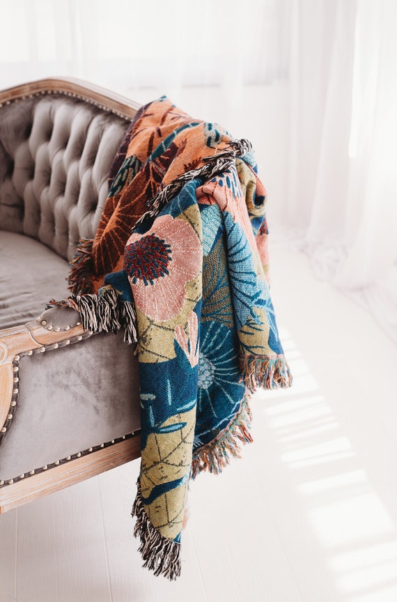 Floral Blanket: Boho Blanket, Flower Blanket, Boho Floral Blanket, Woven Blanket, Floral Decor, Boho Decor, Birthday Gift, Gift for Women