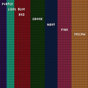 May include: A knitted fabric swatch with vertical stripes in the colors purple, light blue, red, green, navy, pink, and yellow. The colors are labeled with white text.