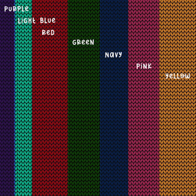 May include: A knitted fabric swatch with vertical stripes in the colors purple, light blue, red, green, navy, pink, and yellow. The colors are labeled with white text.