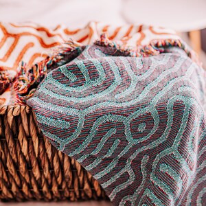 Peut inclure: Une couverture en tissu tiss&eacute; avec un motif g&eacute;om&eacute;trique bleu sarcelle et rouge. La couverture est pos&eacute;e sur un panier en osier.