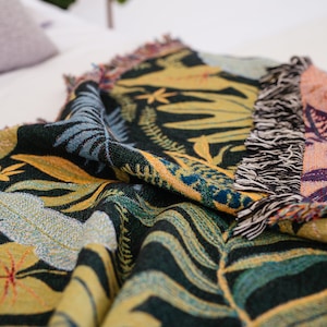 Botanical Leaves Woven Throw Blanket | Modern Cotton Couch Blanket | Cozy Bedroom & Living Room Decor Gift