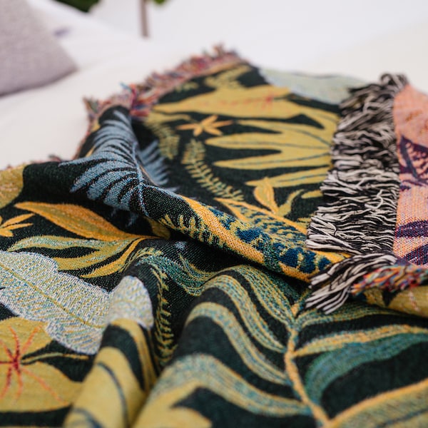 Botanical Leaves Woven Throw Blanket | Modern Cotton Couch Blanket | Cozy Bedroom & Living Room Decor Gift