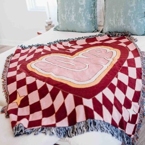 Boho Love Throw Blanket, Boho Decor, Valentines Day Gift, Couch Blanket, Bed Blanket, boho home decor, bohemian blanket, Birthday Gift, Pink image 3