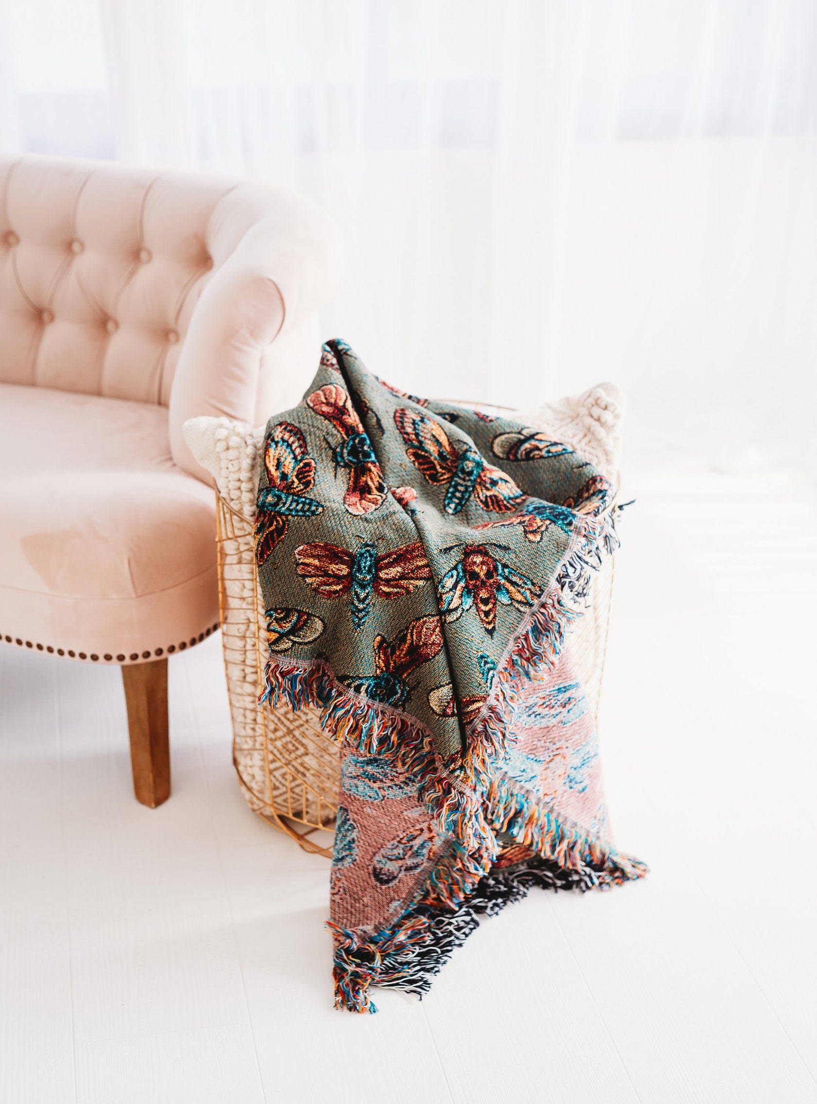 Throw Blanket Boho Woven Throw Blanket Moths Tapestry Boho Etsy