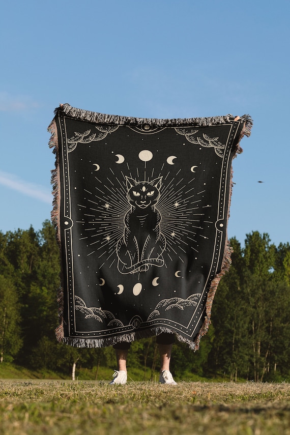 Mystical Cat Blanket: Cat Lovers Gift, Boho Blanket, Celestial Blanket, Boho Gifts, Goth Aesthetics, Goth Blanket, Halloween Blanket, Black
