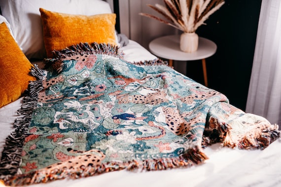Woven Cotton Jungle Blanket: Leopard & Monkey Throw