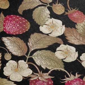 May include: A detailed pattern featuring strawberries, leaves, and flowers in shades of red, green, and cream against a black background. The design includes ripe strawberries, detailed leaves, and delicate white flowers.