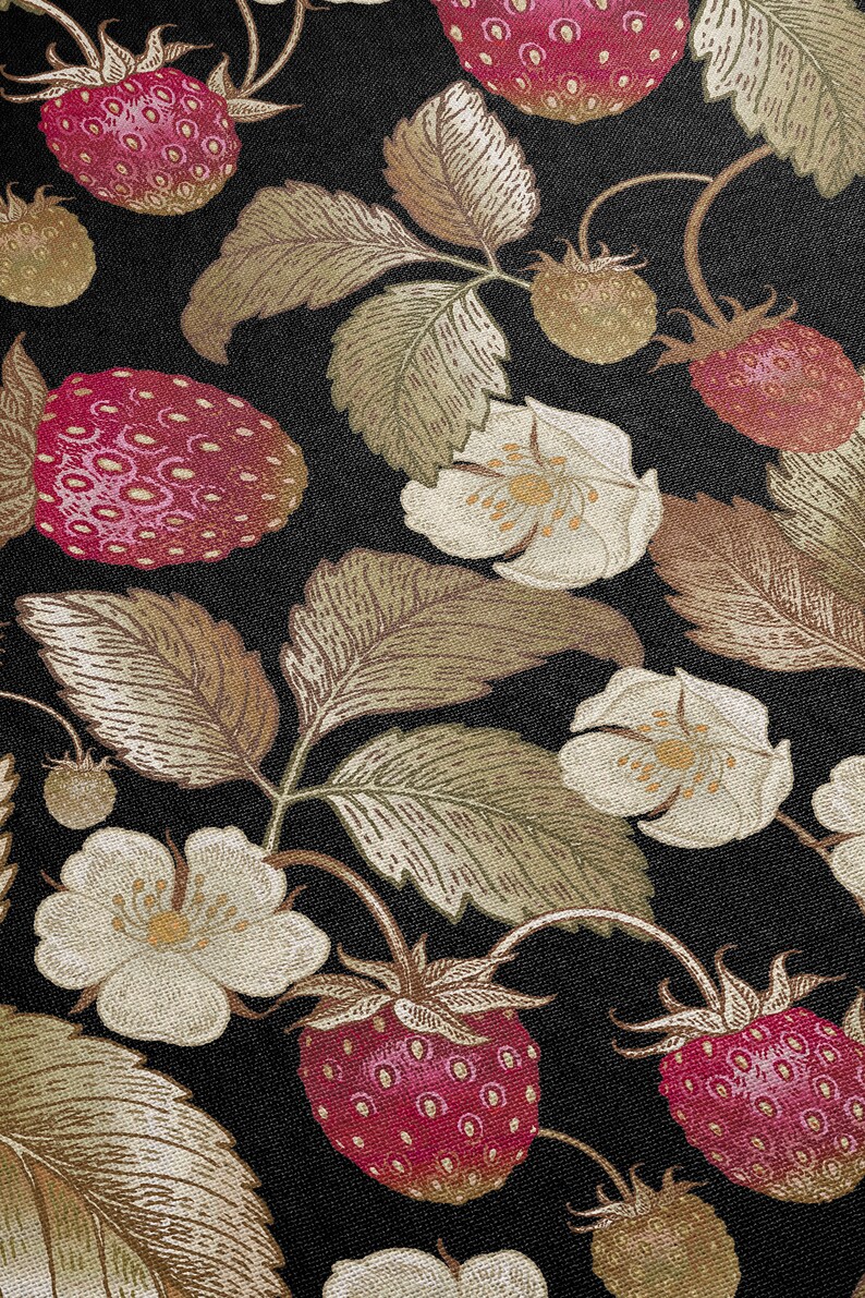 May include: A detailed pattern featuring strawberries, leaves, and flowers in shades of red, green, and cream against a black background. The design includes ripe strawberries, detailed leaves, and delicate white flowers.