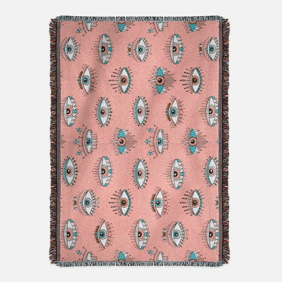 Pink All Seeing Eye Throw Blanket: Woven Cotton Mystical Decor