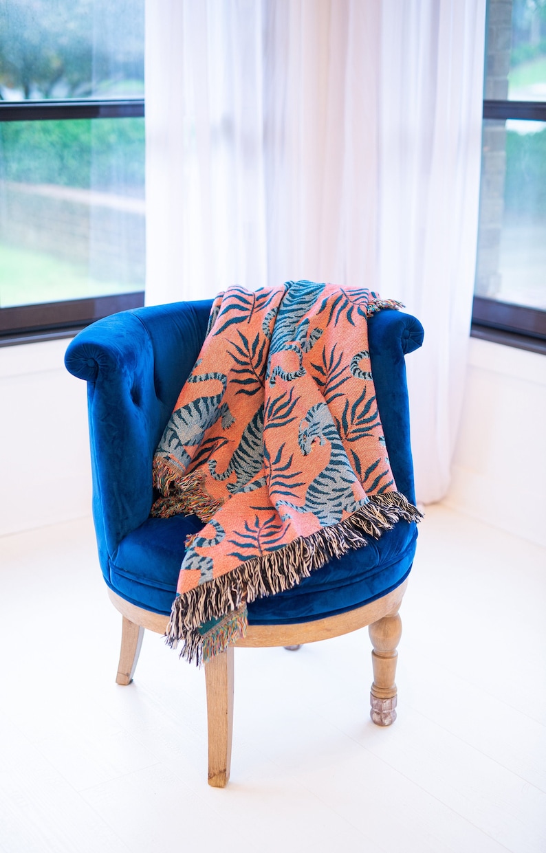Blue Tiger Throw Blanket: Animal Blanket, Cat, Woven Throw Blanket, Wall Tapestry, Woven Tapestry, Couch Blanket, Bed Blanket, Wall Decor image 1