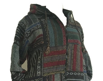 100% Cotton Mexican Style Patchwork Zip Up Jumper Jerga Hoodie