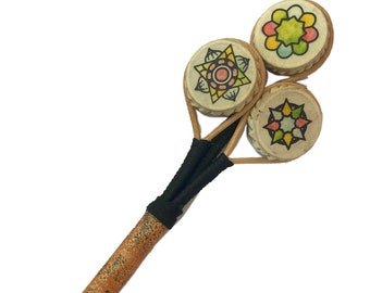 Small Hand Held Shaker Instrument with Goat Hide and Hand Painted Designs