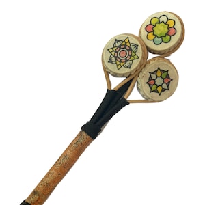 Small Hand Held Shaker Instrument with Goat Hide and Hand Painted Designs