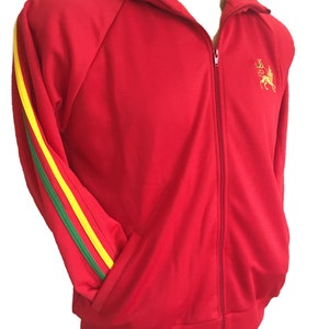 Rasta Stripe Zip Up Track Jacket with Lion Motif Red