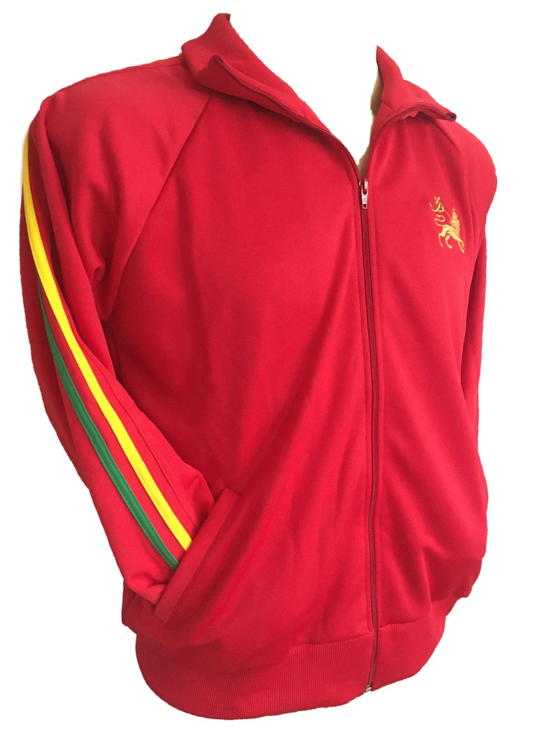 Rasta Stripe Zip Up Track Jacket with Lion Motif Red