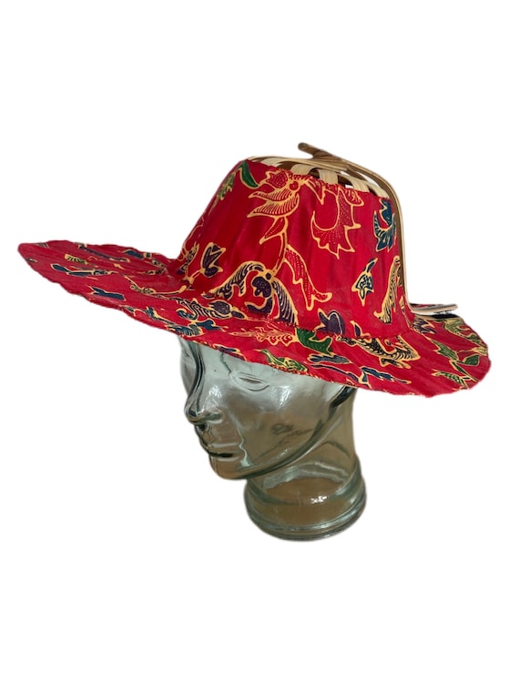 VTG Collapsible Bamboo Travel Hat Folding Packable Sun Hat Blue Floral Batik Large Cotton Sun Hat / Folding Fan in Batik Design and  main image 4