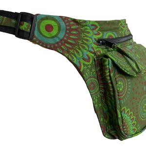 May include: A green and red patterned hip bag with a black adjustable strap and a zipped pocket.