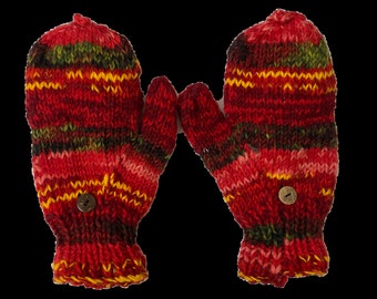 100% Pure Wool Folding Sherpa Gloves in Chunky Knit (Fingerless Mittens with Flap)
