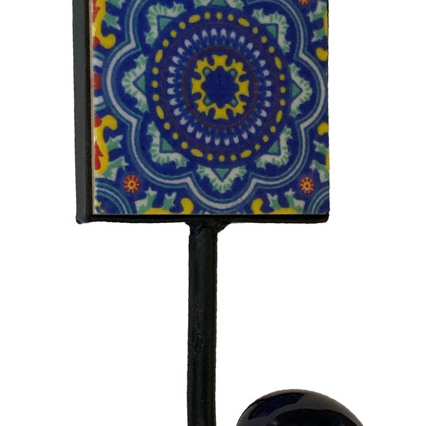 Hand Painted Ceramic Tile Coat Hook with Indian Design