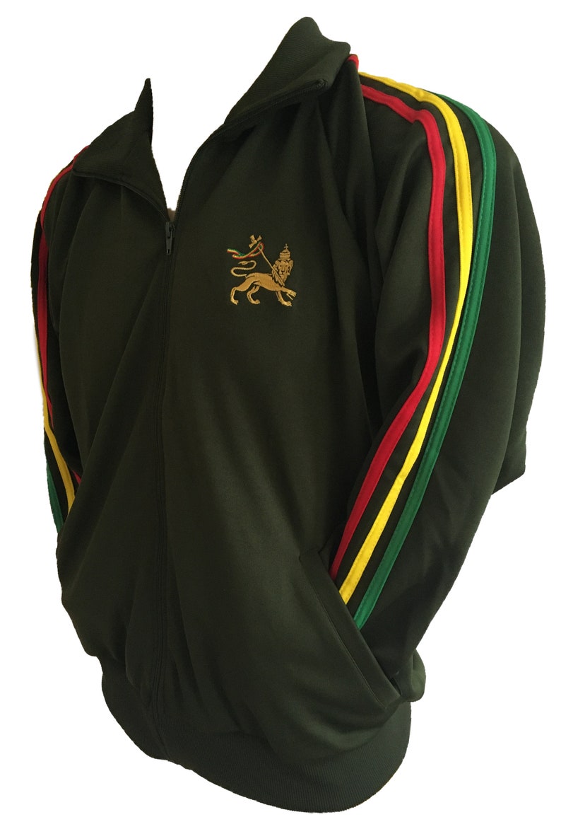 Rasta Stripe Zip Up Track Jacket with Lion Motif Army Green