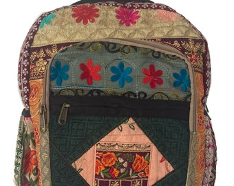 Embroidered Backpack with Shiny Cotton and Pockets - Upcycled Sari Material