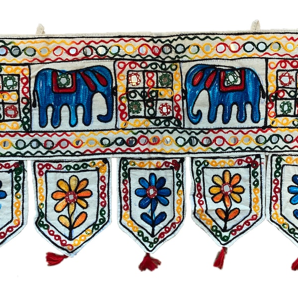 Indian Embroidered Door Hanging Toran with Elephant Motif and Tassel 100% Cotton