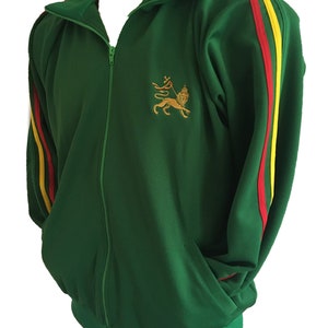 Rasta Stripe Zip Up Track Jacket with Lion Motif Bright Green