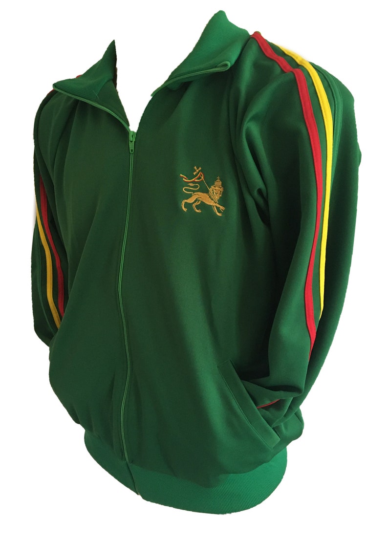 Rasta Stripe Zip Up Track Jacket with Lion Motif Bright Green