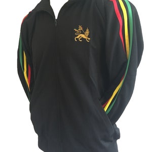 Rasta Stripe Zip Up Track Jacket with Lion Motif Black