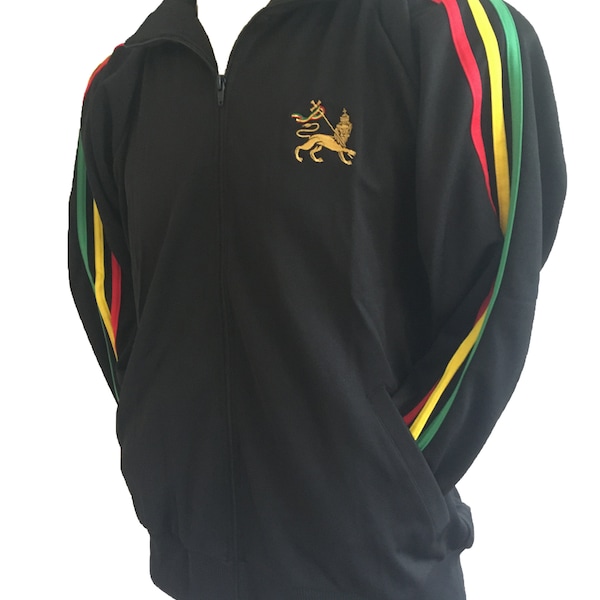 Rasta Stripe Zip Up Track Jacket with Lion Motif