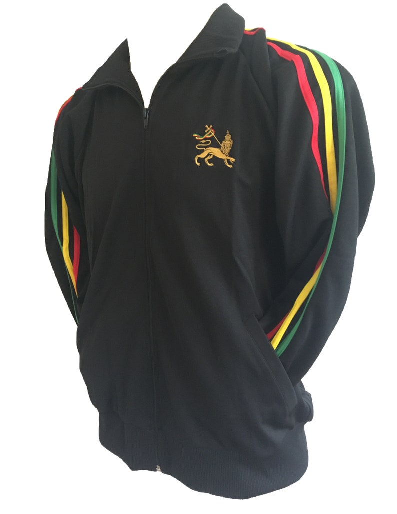 Rasta Stripe Zip Up Track Jacket with Lion Motif Black