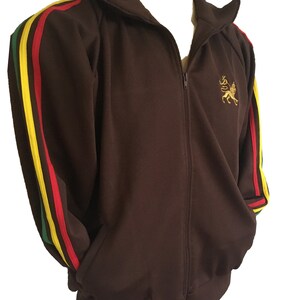 Rasta Stripe Zip Up Track Jacket with Lion Motif Brown