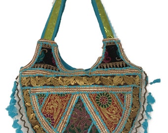 Large Colourful Embroidered Shoulder Bag with Mirrors, Tassels, and Patchwork