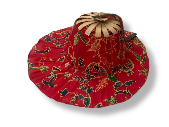 Large Cotton Sun Hat / Folding Fan in Batik Design and 