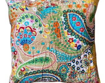 Paisley Floral Embroidered Cushion Cover with Kantha Stitch 100% Cotton Ethnic