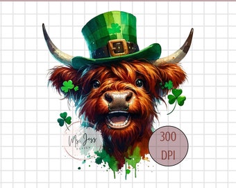 Cute Smiling Highland Cow png, Digital Download, Patrick's Day PNG, St. Patrick's Day, Lucky PNG, Shamrock PNG, St. Patrick's, Cow Design