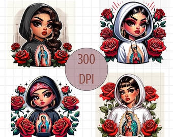 Chicana Women with Virgin Mary Hoodie, Chicana PNG, Brown Love, Red Roses Shirt, Chicana Shirt, Shirt for her, Chola PNG, Virgin Mary PNG