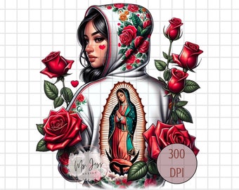 Chicana Woman with Virgin Mary Hoodie, Chicana PNG, Brown Love, Red Roses Shirt, Chicana Shirt, Shirt for her, Chola PNG, Virgin Mary PNG