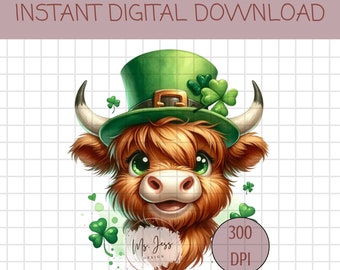 Cute Highland Cow png, Digital Download, Patrick's Day PNG, St. Patrick's Day, Lucky PNG, Shamrock PNG, St. Patrick's, Cow Design