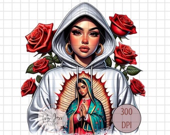 Chicana Woman with Virgin Mary Hoodie, Chicana PNG, Brown Love, Red Roses Shirt, Chicana Shirt, Shirt for her, Chola PNG, Virgin Mary PNG