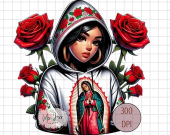 Chicana Woman with Virgin Mary Hoodie, Chicana PNG, Brown Love, Red Roses Shirt, Chicana Shirt, Shirt for her, Chola PNG, Virgin Mary PNG