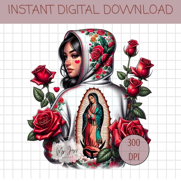 Chicana Woman with Virgin Mary Hoodie, Chicana PNG, Brown Love, Red Roses Shirt, Chicana Shirt, Shirt for her, Chola PNG, Virgin Mary PNG