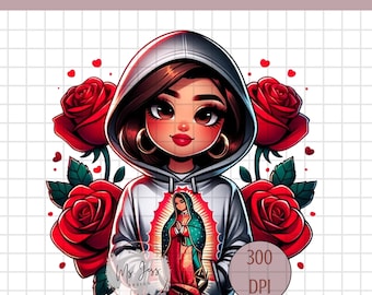 Chicana Woman with Virgin Mary Hoodie, Chicana PNG, Brown Love, Red Roses Shirt, Chicana Shirt, Shirt for her, Chola PNG, Virgin Mary PNG
