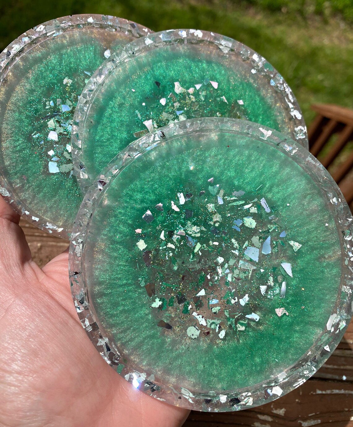 Seafoam Iridescent Translucent Round Sparkle Coaster with a Etsy