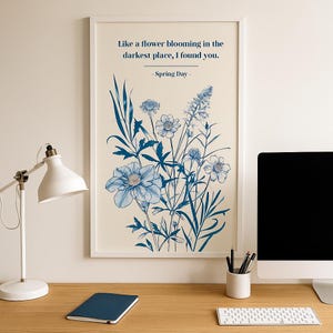 Spring Day, BTS Digital Print – Blue Wall Art with BTS Members&#39; Birth Flowers | Subtle Kpop Room Decor | BTS Song Lyric Printable Art