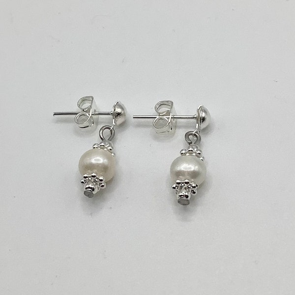 Fresh water Pearl drop earrings, silver plated ear posts Gift bag included.