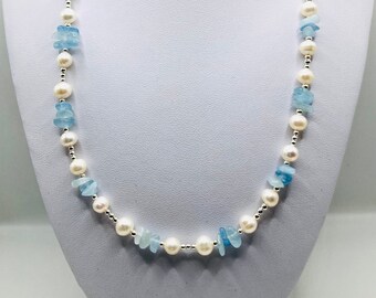 Genuine natural Pearl and Aquamarine beaded necklace. Information card included.This item comes gift boxed.