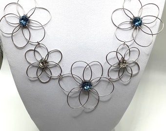 Wire work stainless steel flower necklace with Swarovski Crystal chatons. Choose length. This necklace comes gift boxed